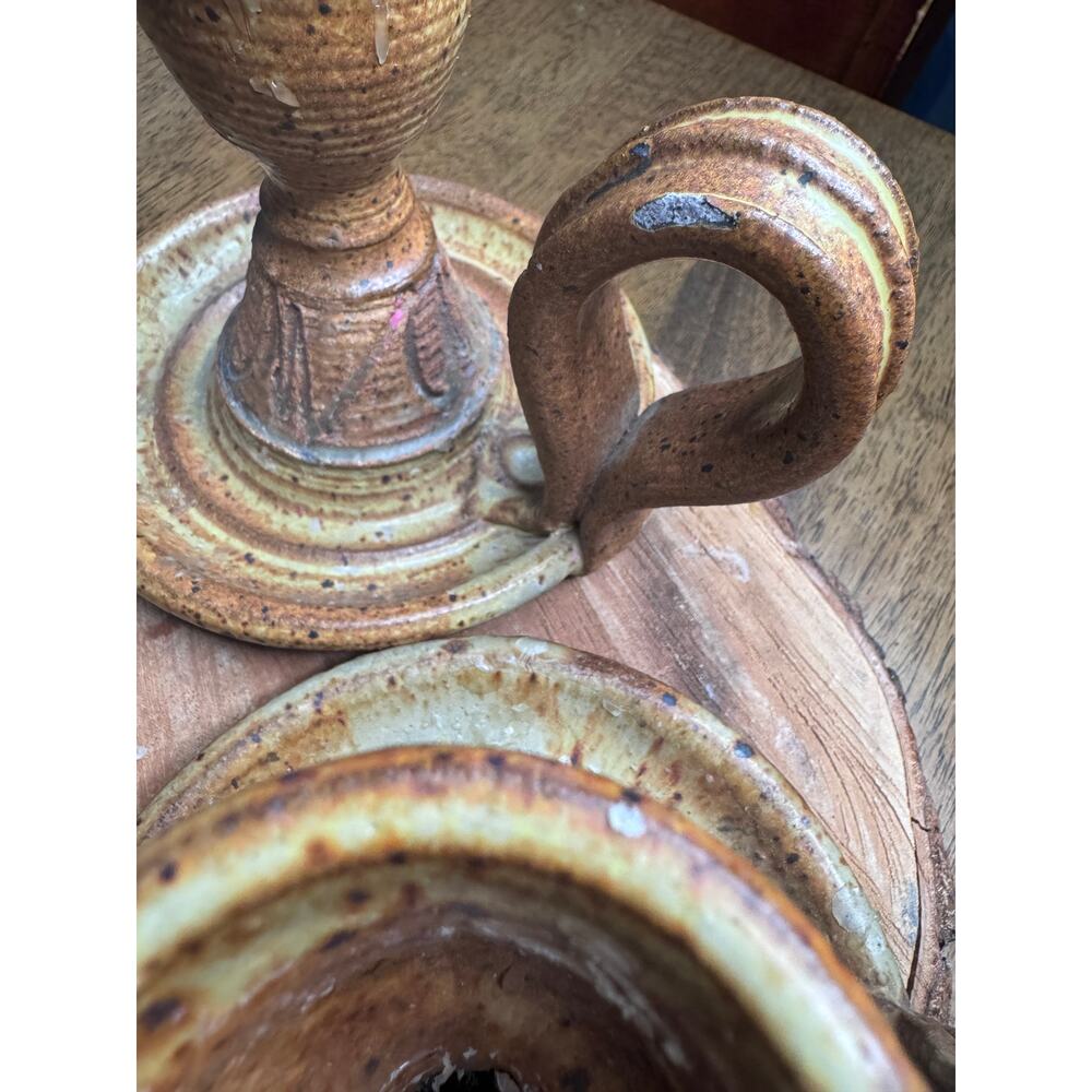Pair of Vintage Artist Signed Studio Pottery Chamberstick Candle Holders - Picture 4 of 10